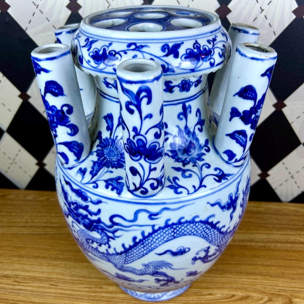 Grand Tulipière 15" Blue & White Chinoiserie Dragon Vase Porcelain Multi-Spout - Picture 5 of 17